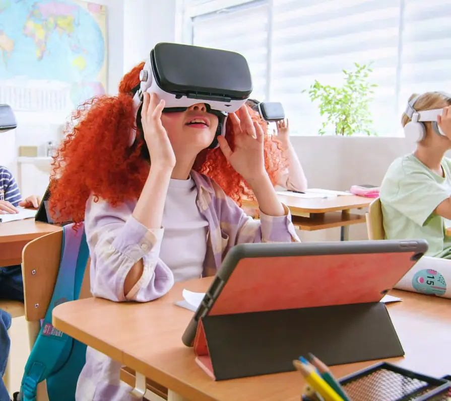 A child in a classroom trying a virtual-reality headset
