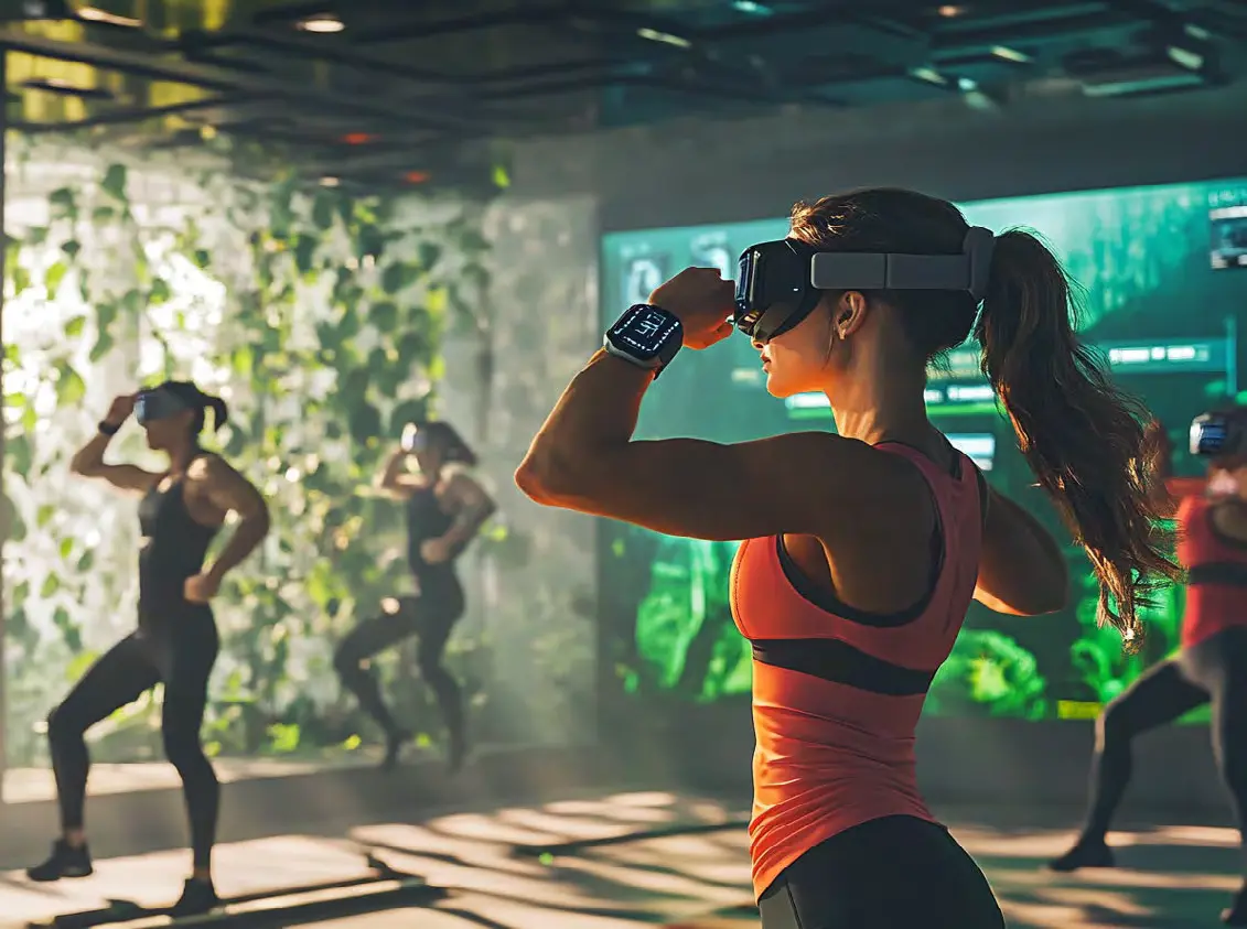 A fitness class using mixed-reality headsets